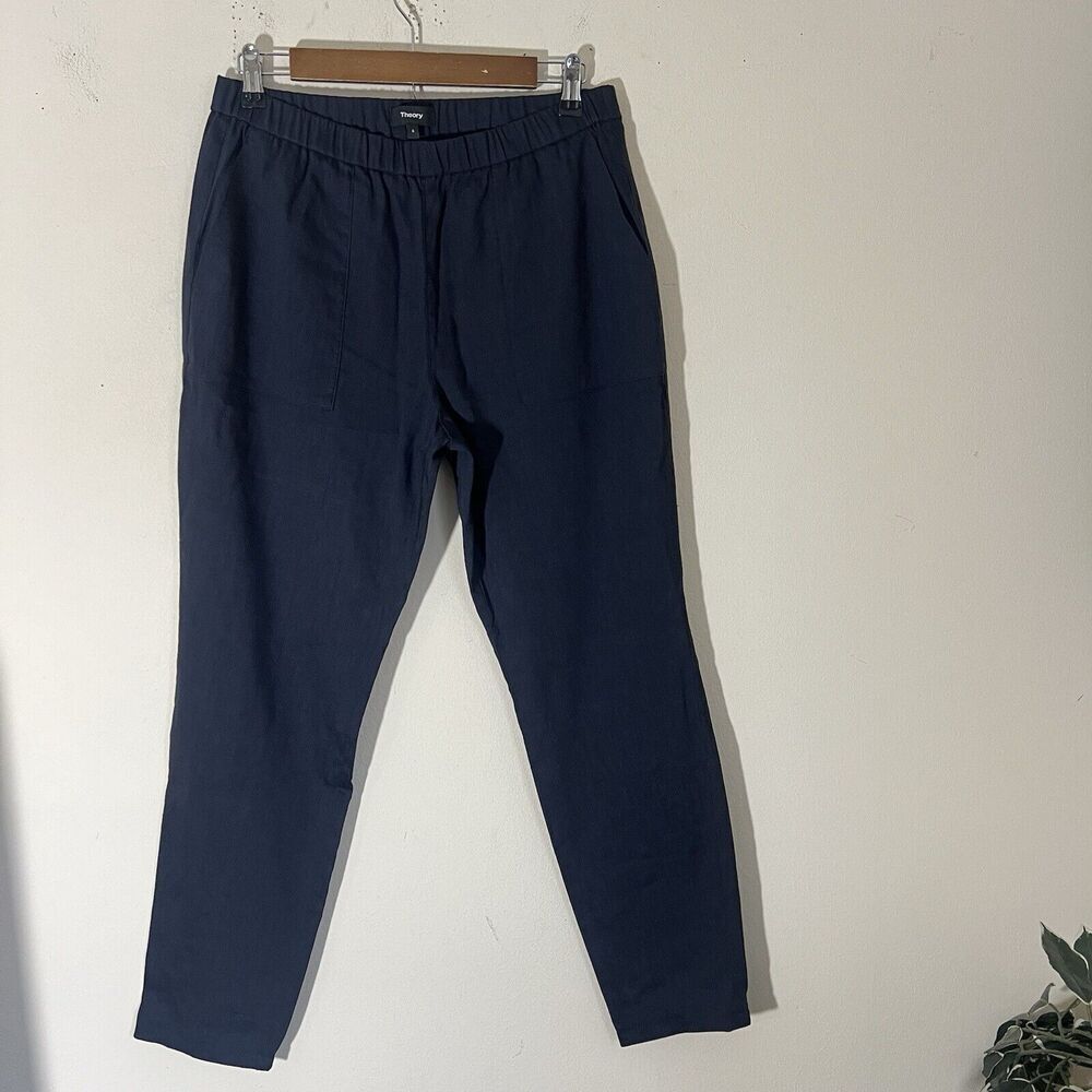 Theory Northsound Pants Elastic Waist Size 6 Linen Blend Stretch Navy Blue New
